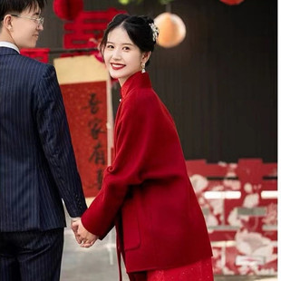 Z4M New Chinese Style National Style Red Double-Sided Cashmere Coat Women's Autumn and Winter New Year's War Robe for Petite with Corner Buckle Wool