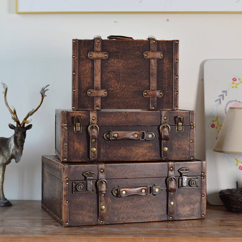 Vintage Retro-Style Republic of China-Style Portable Prop Box, Household Document Storage Box, Photography Prop, Window Display, Portable Leather Suitcase