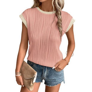 Shiying summer new solid color texture short-sleeved top for women 2024 European and American casual loose round neck pullover for women