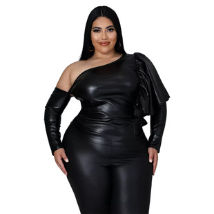 AP7063 European and American Fashion Large Size Women's Clothing Amazon Night Clothes Stretch Matte Leather Skew Shoulder Ear-Trim Top