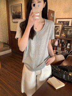 Real Shot 2025 Spring and Summer Korean U-Neck Loose All-Match Basic Simple Short-Sleeved T-Shirt Top for Women