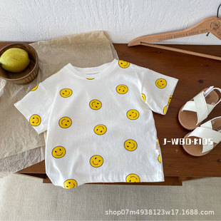 Boys' and Girls' Cotton Base Shirt 2024 Summer T-shirt Korean Smiley Girl's Short-sleeved T-shirt Trendy
