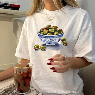 olive olive printed cotton short sleeve T-shirt foreign trade cross-border plus size round neck top