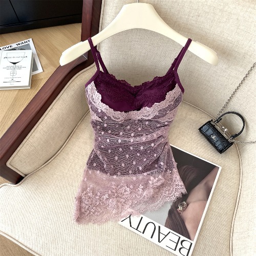 Polka Dot Lace Fake Two-Piece Mesh Camisole for Women, Summer Sexy Hot Girl Tube Top with Beautiful Back Design and Chest Pads, Outerwear Crop Top