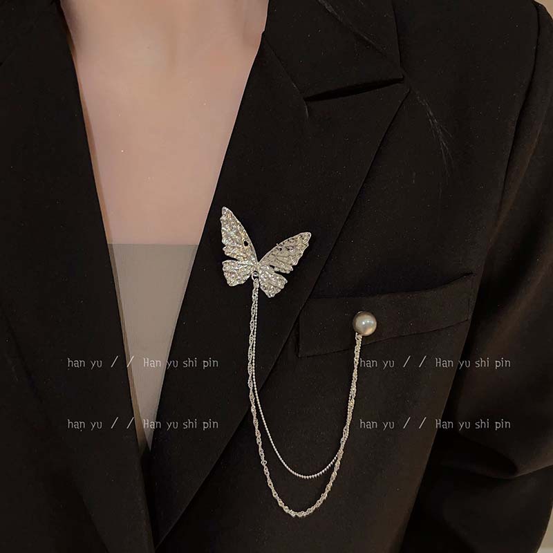 Multifunctional Silver Butterfly Tassel Brooch Hong Kong Style Suit Jacket Pin Corsage Accessory Suit Brooch Tassel