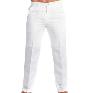 Men's Linen Diagonal Pocket Straight-leg Solid Color Plaid Breathable Daily Casual Trousers