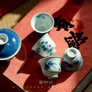 Sprinkle Blue Hand-painted Poetry Ercai Gai Bowl Tea Bowl Silver Ceramic Master Cup Tea Tasting Cup Kung Fu Tea Set Pot Bearing