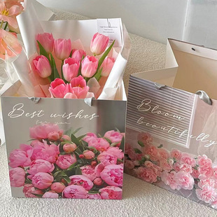 in stock wholesale flower bag bouquet packaging bag small bouquet transparent window tote oil painting style gift bag