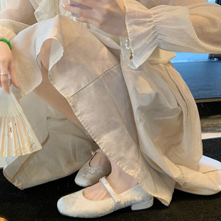 Grape Mom Same Style National Style New Chinese Style Cheongsam Mary Jane Shoes Pearl Single-layer Shoes with Square Head Jacquard Chunky Heel