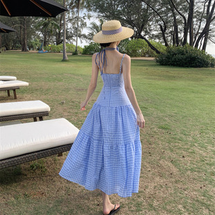 Foreign Trade French First Love Temperament Sweet Plaid Sling dress Seaside Holiday Beach Long Dress with Collar 0285