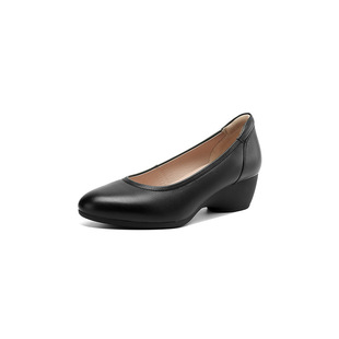 Genuine Leather Single-layer Shoes Women's Shallow Mouth All-match Round-toe Mid-heel Work Shoes Black Work Professional Shoes Interview Stewardess Shoes Women's Shoes