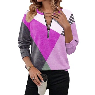 Amazon AliExpress wish cross-border 2024 autumn and winter color matching loose zipper long sleeve V-neck cashmere