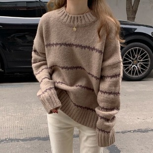 Striped Crewneck Sweater Women's Autumn and Winter New Thickened Loose Lazy Style Pullover All-match Western Style Sweater Jacket