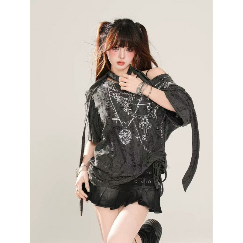 Free Scarf for Hot Girls Wasteland Lazy Style Short-Sleeved Shirt for Women Summer New Style Irregular Hole Slimming Loose Top