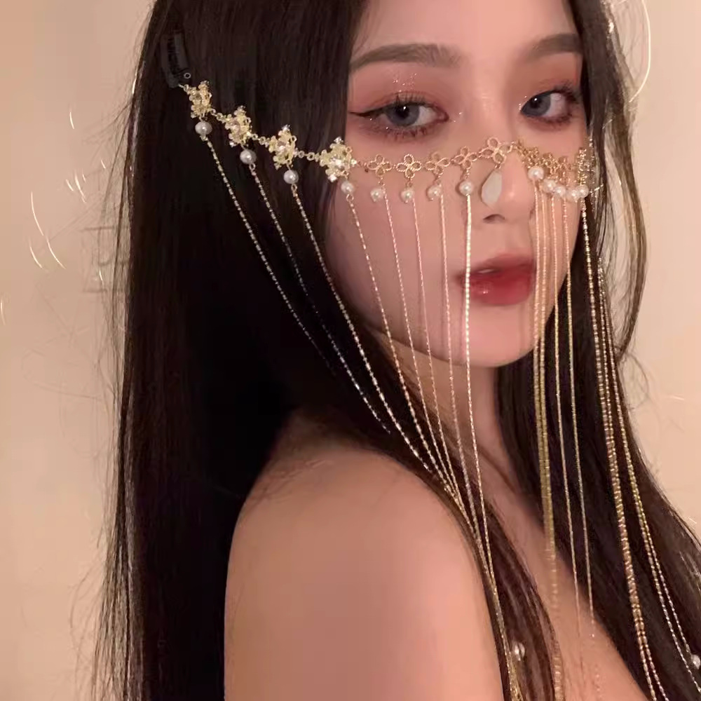 Super Fairy Pearl Water Drop Tassel Surface Curtain Headwear Female Elf Exotic Style Hanfu Antique Elegant Hair Accessories Hair Chain