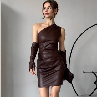 Europe and the United States cross-border PU skirt street hipster women's oblique collar sleeveless sleeve waist hip dress wholesale