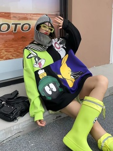 European Large Edition oversize Design Sense Insert Color Stitching Printed Round Neck Sweat Women's Loose Casual Pullover Top
