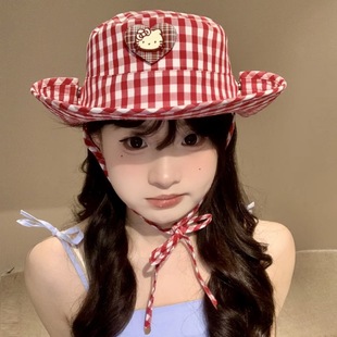 HelloKitty красная сетка любящая шляпа рыбака солнцезащитный крем милая сладкая девушка летняя тень y2k девушка альпинистская шляпа