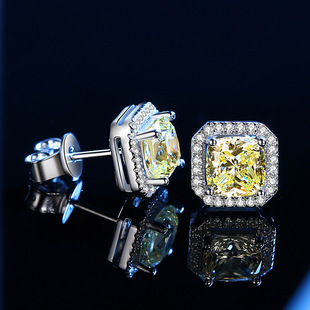 s925 sterling silver fat Fang Lei Dean cutting pink diamond yellow diamond stud earrings female anti-real diamond earrings factory one-piece delivery