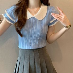 Sweet contrast color sexy T-shirt for women Summer new pure sweet hot girl short pullover temperament flying short sleeve top