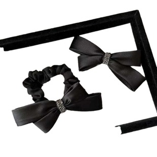 High-grade Elegant Light Luxury Satin Bow with Diamond Leather Band Hair Rope Ponytail Hair Ring Hair Accessories Basic Leather Ring