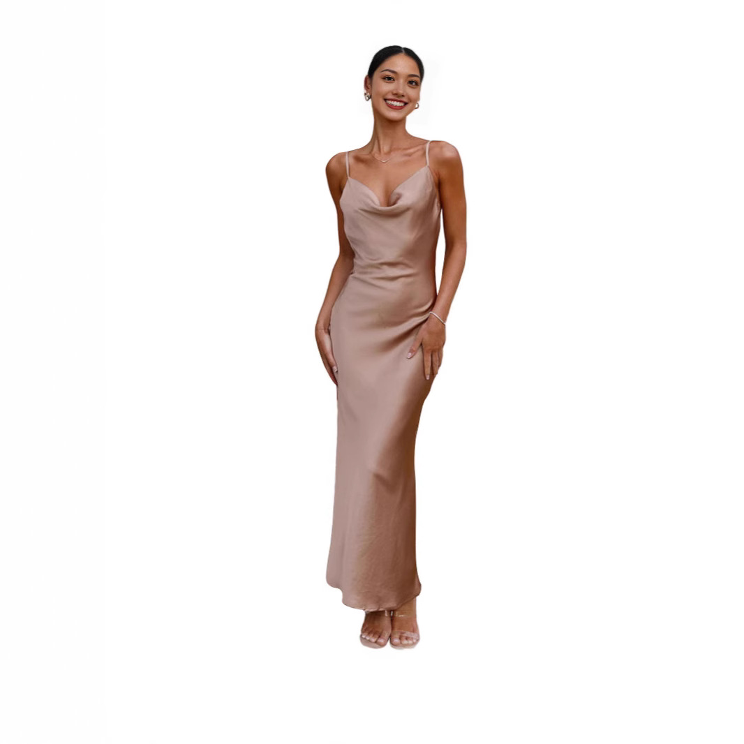 Amazon European and American Cross-Border 2025 New Swing Collar Glossy Satin Party Party Suspender Dress Long Skirt