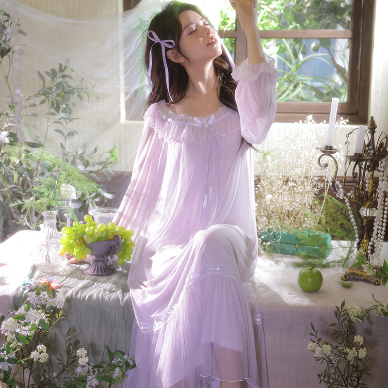 Romantic Fairy Peach-Shaped Collar with Exposed Collarbone Mesh Pajamas Long Skirt Loose and Comfortable Lace Webbing Splicing Fishtail Skirt