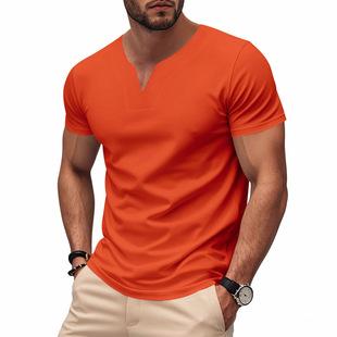 Cross-border Amazon Hot Selling Summer Men's British V-Neck Jersey Shirt Quick-drying Skin-friendly Loose Solid Color Short-sleeved T-shirt