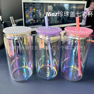 Creative New 16oz Mason Cup Seven-Color Colorful Glass Cup Pp Plastic Lid Pearl Lid Coke Can Straw Cup