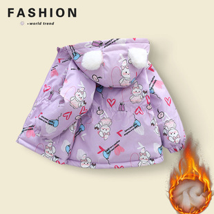 Boys' Winter Wear fleece-lined Thickened Waist Windbreaker Girls' Autumn and Winter Cute Rabbit Print Hooded Cotton Coat Trendy