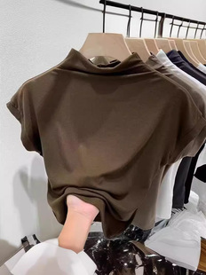 Tight Spice Girls Half-high Collar White Short-sleeved Summer Spring and Autumn Interior Shoulder T-shirt Women's Interior Top