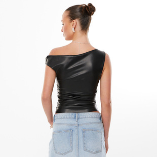 Y24TP647 Europe and the United States cross-border women's clothing 2024 new street hipster sleeveless slant collar soft leather vest jacket wholesale