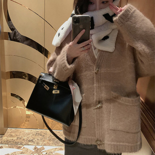 Autumn and Winter New Sweet K-style Loose Fashion Versatile Lazy Horn Button Knitted Sweater Cardigan Women's Pure Color Outwear