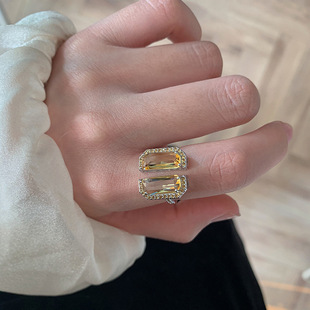 Korean Dongdaemun Korean Deconstructed Cutting Color Gem Yellow Diamond Ring Women's Silver Fashionable Diamond Ring Adjustable