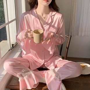 Ice and Snow Silk Pajamas Women's 2025 New Spring and Autumn Thin Long Sleeve Cardigan Lace Sexy Sweet Home Clothes suit
