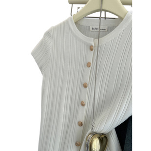 in stock-Thin Short-Sleeved T-Shirt Women's Summer Knitted Shoulder Top