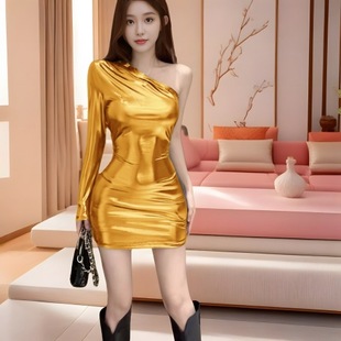 Sexy Spice Girl Sweet Cool Metallic silver Glint Elegant Waistline Shoulder Long Sleeve Slim-fit Hip dress 803