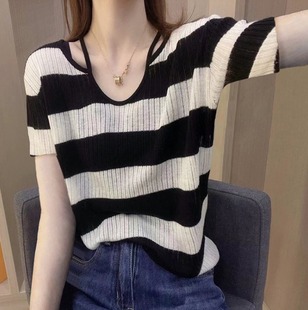 Summer Design Sense Shoulder Clavicle Knitted Sweater Loose Lazy Style Ice Silk Base Shirt Stylike Short-sleeved T-shirt Top