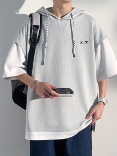 Fake Two-Piece Hooded Men's Summer Niche Design Sense Contrast Color Top Loose Casual Trendy Brand Short-sleeved T-shirt for Students