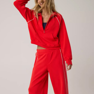 Cross-border Autumn and Winter New Ancora Red Casual Sports suit High Waist Wide Leg Pants Slimming Long Sleeve Running Fitness Suit