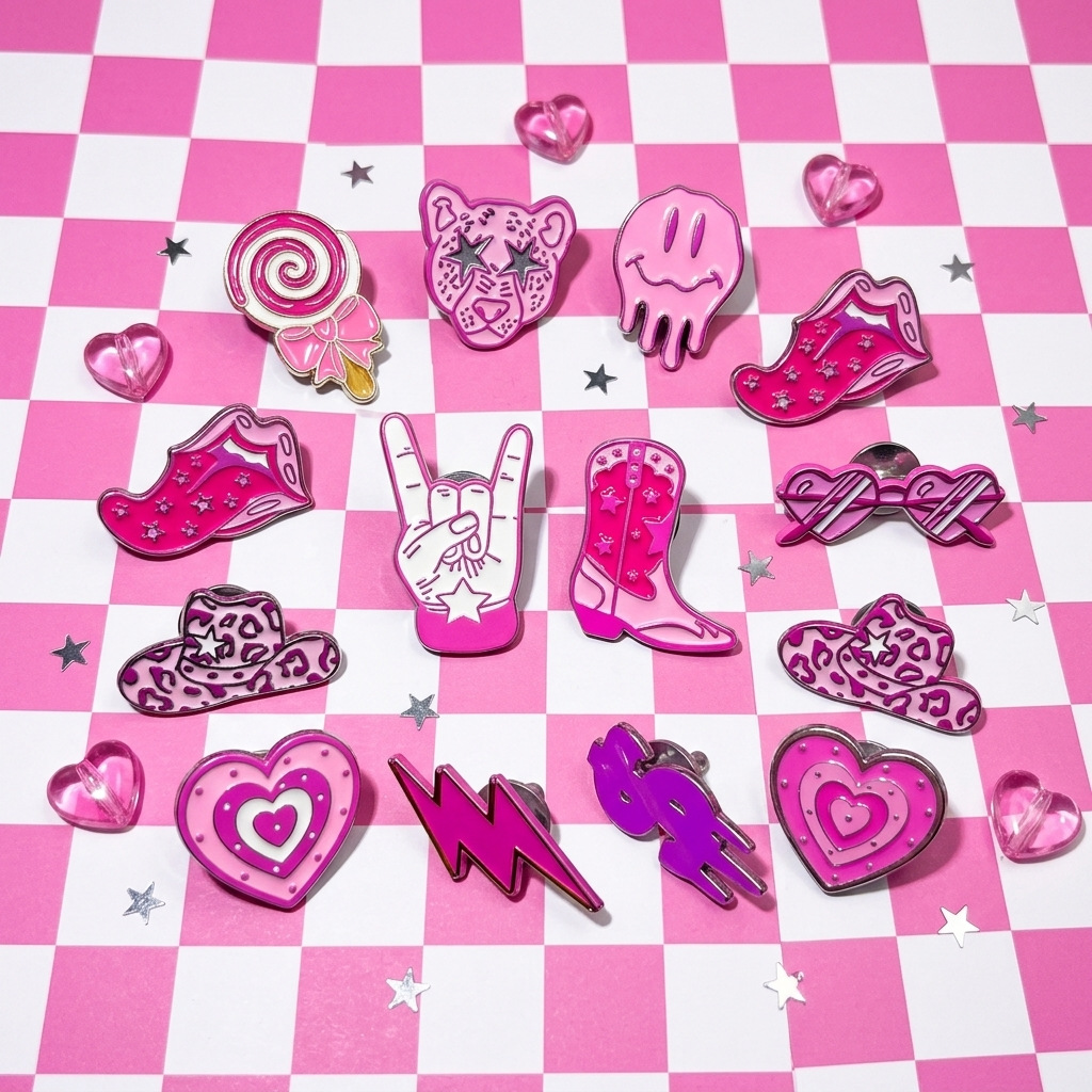 Y2K Millennium Style Brooch Western Cowboy Metal Badge Brooch Zinc Alloy Pink Pin Electroplating Oil Dripping Process