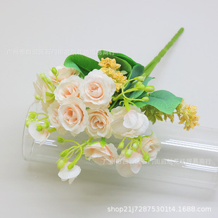 Hot sale simulation 5 head champagne rose bouquet explosion gift diy decoration living room table fake flowers small flowers