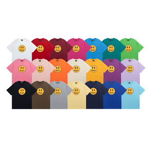 DREW BIEBER Smiley Fashion Brand Bieber Same Style High Street American Style Summer Pure Cotton Loose T-Shirt for Men and Women Couple