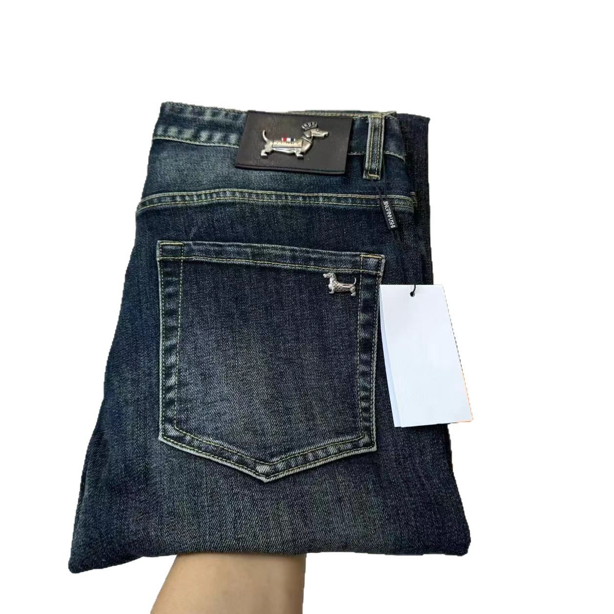 New High-End Trendy Tb Puppy Jeans Stylish Steel Label Same Style Stretch Men's Slim Fit Retro Pants