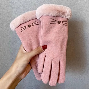Cute Suede Women's Riding Cold-proof Gloves Winter Women's fleece-lined Thickened Warm Cycling Windproof Touch Screen Winter