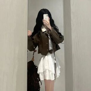 Two-Piece Autumn Retro High-end Street Hot Girl Short Tooling PU Jacket Leather Jacket Design Sense dress suit Women