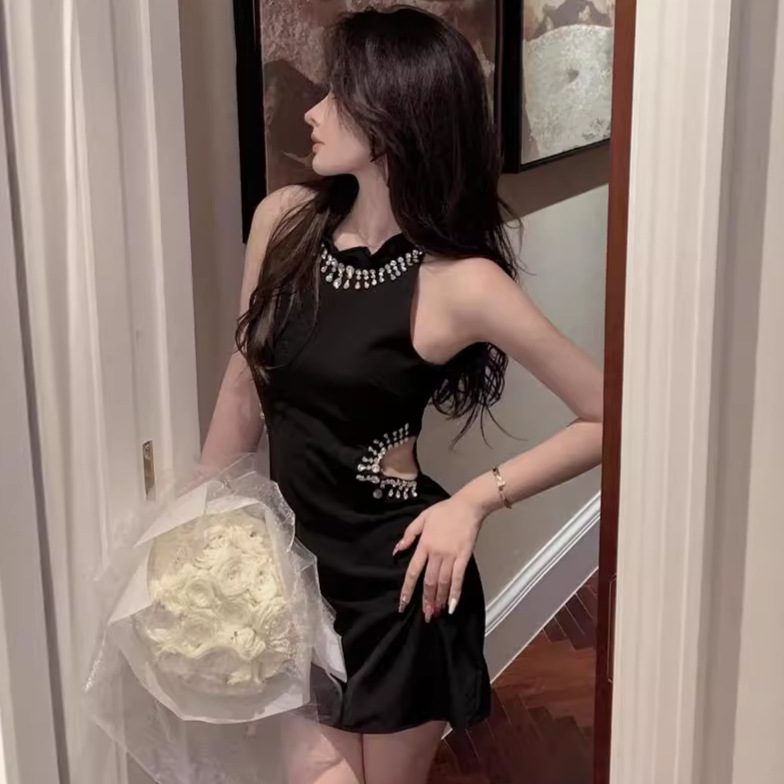 Celebrity Wind Nail Drill Exhibit Waist Neck Sleeveless dress Heavy Industry Slim Fit Birthday Party Little Black Dress Dress X7699