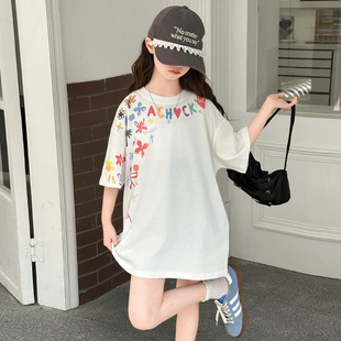 Girls' T-shirt Summer Wear Thin 2025 New Cotton Short-sleeved Big Children's Fashionable Summer Children's Loose Mid-length T-shirt