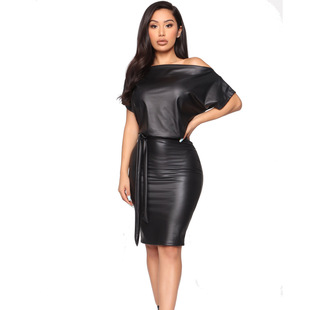 European and American autumn and winter women's clothing Amazon explosions fashion diagonal collar bat wing PU leather short sleeve hip dress spot