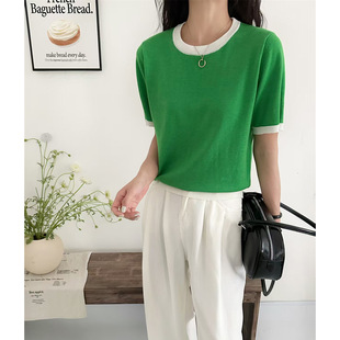 Color Matching Round Neck Short-sleeved Mulberry Silk Knitted T-shirt Women's Thin Summer New Loose Slimming All-match Casual Top